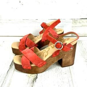 Sam Edelman Josefine Womens 6.5 Coral Suede Strappy Sandals Wood Heel NEW